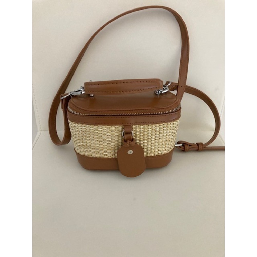 Madison Woven Mini Crossbody bag 7 x 3 x 4.5 Straw with Vegan Leather Double Zip